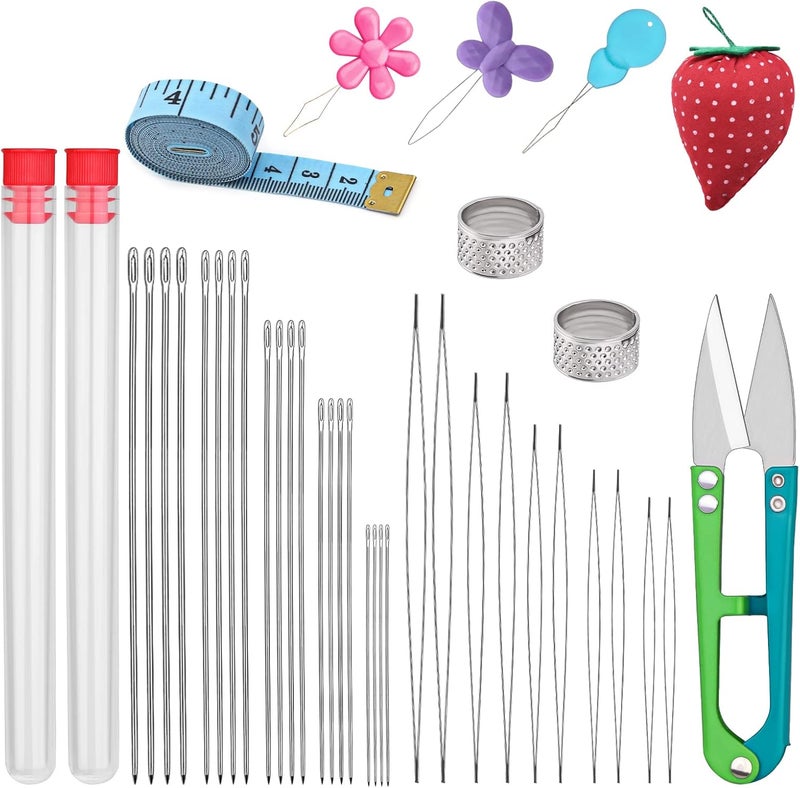 UOOU 40 Pcs Beading Needles for Jewelry Making Include Long Straight Beading Needle,Big Eye Beading Needle,Needles for Seed Beads Set with Yarn Scissors - Image 1